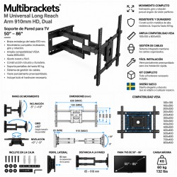 Multibrackets Long Reach Dual 91 – Soporte TV Articulado Profesional con Extensión de 91 cm hasta 86"