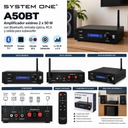 System One A50BT – Amplificador Estéreo 2x50 W con Bluetooth, Entrada Óptica, RCA y Salida Subwoofer