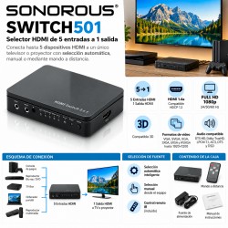 Sonorous SWITCH501 – Selector HDMI 1.4a de 5 Entradas a 1 Salida con Mando a Distancia