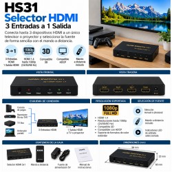 HS31 – Selector HDMI 1.4 de 3 Entradas a 1 Salida Full HD 1080p 3D con Mando a Distancia
