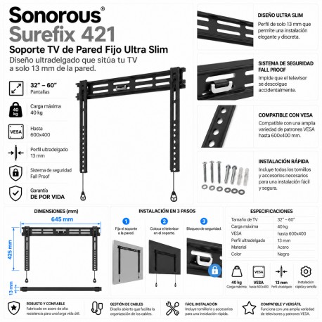 Sonorous Surefix 421 Soporte TV de Pared Fijo Ultra Slim 32-60" VESA 600x400 hasta 40 kg Negro