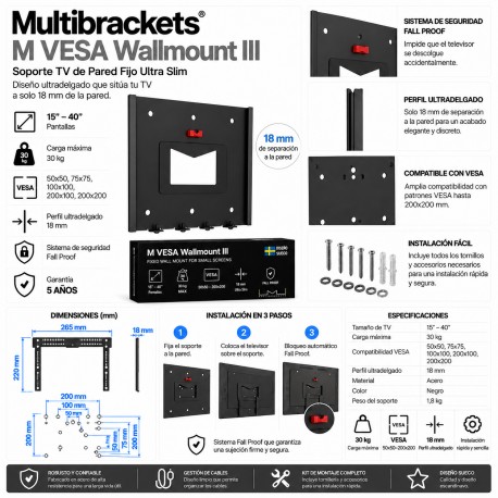 Multibrackets M VESA Wallmount III Soporte TV de Pared Fijo Ultra Slim 15-40" VESA 200x200 30 kg Negro