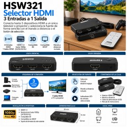 HSW321 – Selector HDMI de 3 Entradas a 1 Salida Full HD 1080p 3D con Mando a Distancia