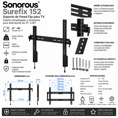 Sonorous Surefix 152 Soporte TV de Pared Fijo 37-70" VESA 600x400 hasta 70 kg