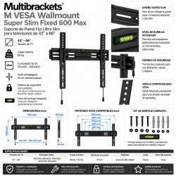 Multibrackets Wallmount Super Slim Fixed 600 MAX Soporte TV Fijo Ultrafino 32-75" VESA 600x400 Negro