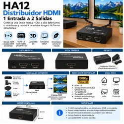HA12 – Distribuidor HDMI 1.4 de 1 Entrada a 2 Salidas Simultáneas Full HD 1080p y 3D