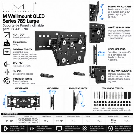 Multibrackets M LED Wallmount Series 789 Large Soporte TV Pared Inclinable QLED VESA 800x600