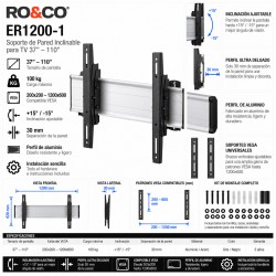 RO&CO ER1200-1 Soporte TV de Pared Inclinable 37-110” VESA hasta 1200x600 Gris/Negro