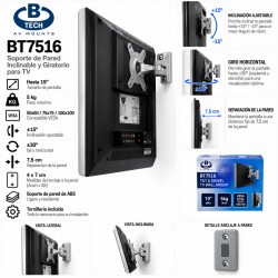 B-Tech BT7516 Soporte TV de Pared Inclinable y Giratorio hasta 19” VESA 100x100 Gris