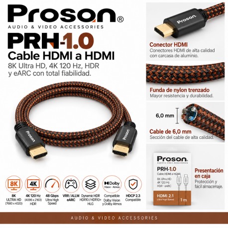 Proson PRH-1.0 – Cable HDMI 2.1 Ultra High Speed 1 m, 8K, 4K 120 Hz, HDR y eARC