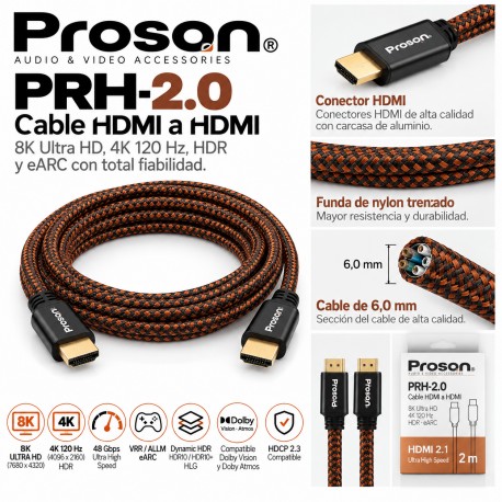 Proson PRH-2.0 – Cable HDMI 2.1 Ultra High Speed 2 m, 8K, 4K 120 Hz, HDR y eARC