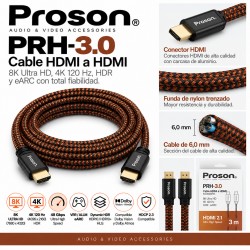Proson PRH-3.0 – Cable HDMI 2.1 Ultra High Speed 3 m, 8K, 4K 120 Hz, HDR y eARC