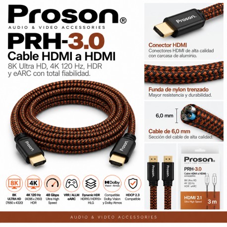 Proson PRH-3.0 – Cable HDMI 2.1 Ultra High Speed 3 m, 8K, 4K 120 Hz, HDR y eARC