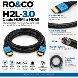 RO&CO H2L-3.0 – Cable HDMI 2.0b High Speed con Ethernet 3 m, 4K 60 Hz, HDR y ARC