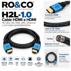 RO&CO H2L-1.0 – Cable HDMI 2.0b High Speed con Ethernet 1 m, 4K 60 Hz, HDR y ARC