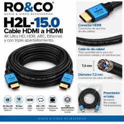 RO&CO H2L-15.0 – Cable HDMI 2.0b High Speed con Ethernet 15 m, 4K 60 Hz, HDR y ARC