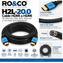 RO&CO H2L-20.0 – Cable HDMI 2.0b High Speed con Ethernet 20 m, 4K 60 Hz, HDR y ARC