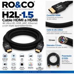 RO&CO H2L-1.5 – Cable HDMI 2.0b High Speed con Ethernet 1,5 m, 4K 60 Hz, HDR y ARC
