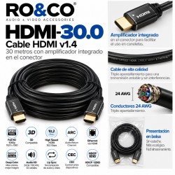 RO&CO HDMI-30.0 – Cable HDMI 1.4 High Speed con Ethernet 30 m y Amplificador Integrado