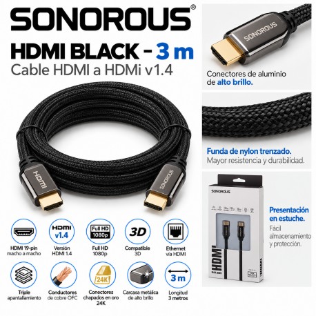 Sonorous HDMI Black 3 m – Cable HDMI 1.4 High Speed con Ethernet, Full HD 1080p y 3D
