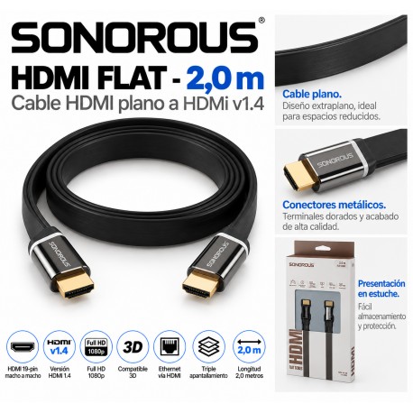 Sonorous HDMI Flat 2 m – Cable HDMI 1.4 Plano, Full HD 1080p, 3D y Ethernet
