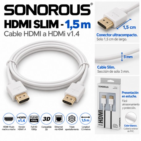 Sonorous HDMI Slim 1,5 m Blanco – Cable HDMI 1.4 Ultrafino, Full HD 1080p, 3D y Ethernet
