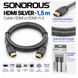 Sonorous HDMI Silver 1,5 m – Cable HDMI 1.4 Full HD 1080p, 3D y Ethernet con Nylon Trenzado