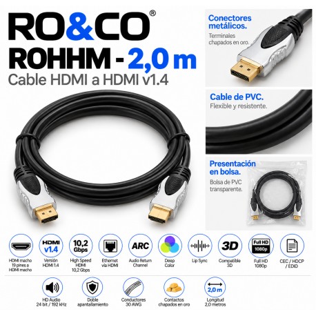 RO&CO ROHHM 2 m – Cable HDMI 1.4 High Speed con Ethernet, 3D, ARC y Full HD