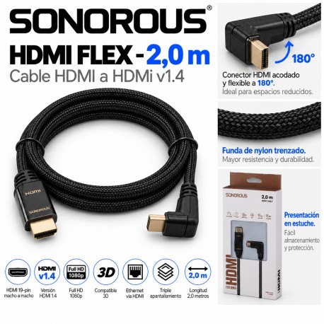 Sonorous HDMI Flex 2 m – Cable HDMI 1.4 con Conector Acodado 90°, Full HD 1080p, 3D y Ethernet