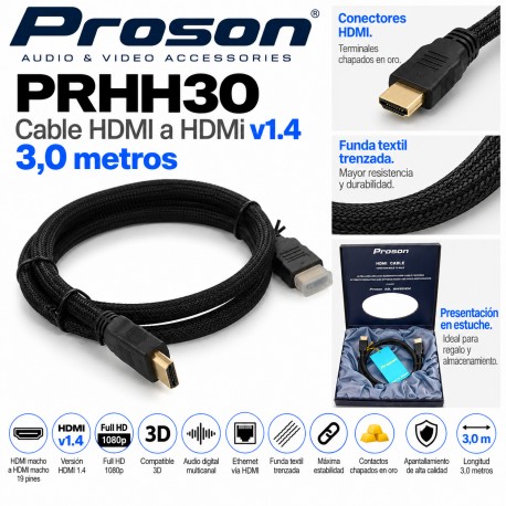 Proson PRHH30 – Cable HDMI 1.4 de 3 m Full HD 1080p, 3D y Funda Textil Trenzada