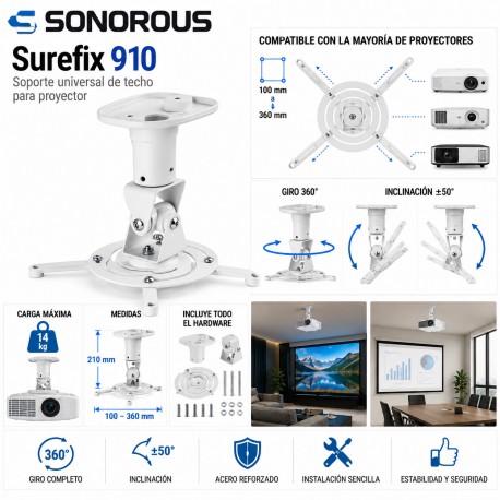 Sonorous Surefix 910 Soporte Universal de Techo para Proyector hasta 14 kg Blanco