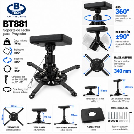 B-Tech BT881 – Soporte Universal de Techo para Proyector hasta 10 kg Negro