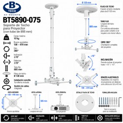 B-Tech BT5890-075 Blanco Soporte Universal de Techo para Proyector 89,5 cm hasta 10 kg