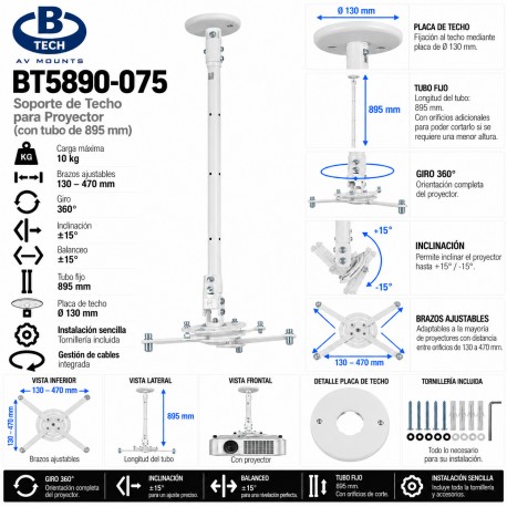 B-Tech BT5890-075 Blanco Soporte Universal de Techo para Proyector 89,5 cm hasta 10 kg