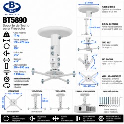 B-Tech BT5890 Soporte Universal de Techo para Proyector hasta 10 kg Blanco