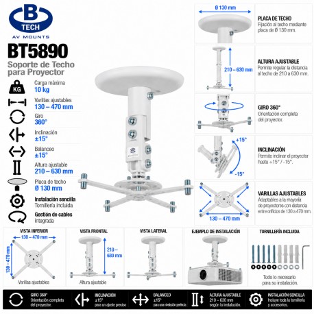 B-Tech BT5890 Soporte Universal de Techo para Proyector hasta 25 kg Blanco