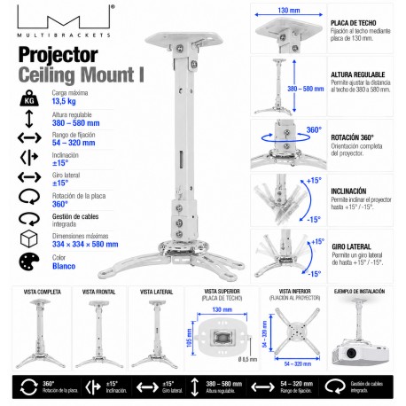 Multibrackets Projector Ceiling Mount I Soporte de Techo Universal para Proyector Blanco 13,5 kg