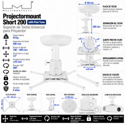 Multibrackets Projectormount Short 200 Fine Tune Soporte de Techo Universal para Proyector hasta 20 kg Blanco