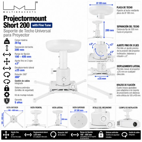 Multibrackets Projectormount Short 200 Fine Tune Soporte de Techo Universal para Proyector hasta 20 kg Blanco