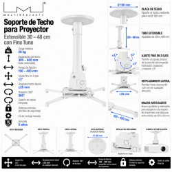 Multibrackets Soporte de Techo Extensible 30-48 cm con Fine Tune para Proyector hasta 20 kg Blanco