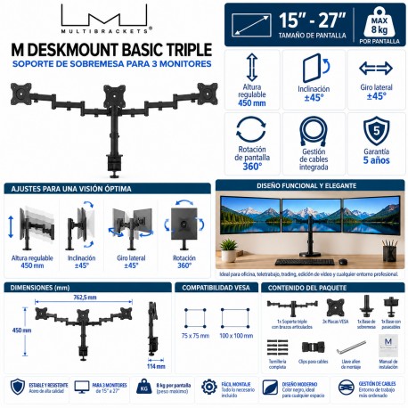 Multibrackets M Deskmount Basic Triple Soporte de Sobremesa para 3 Monitores 15"-27" VESA 100x100 Negro