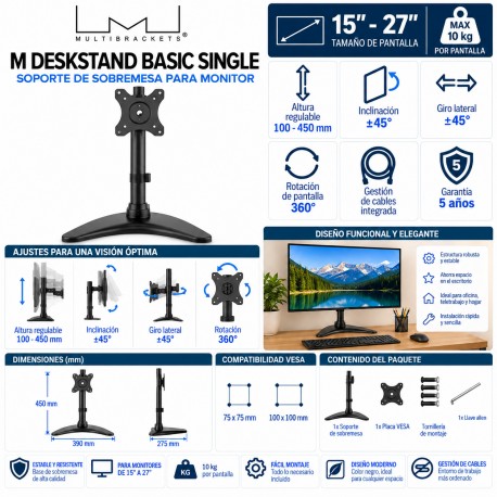 Multibrackets M Deskstand Basic Single Soporte de Sobremesa para Monitor 15"-27" VESA 100x100 Negro