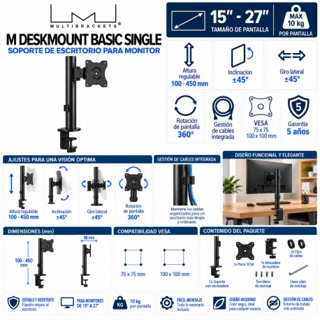 Multibrackets M Deskmount Basic Single Soporte de Escritorio para Monitor 15"-27" Negro