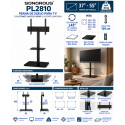 Sonorous PL2810 Peana TV de Suelo Giratoria 37"-55" VESA 600x400 con Estante y Vidrio Negro