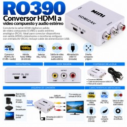 RO390 – Conversor HDMI a Vídeo Compuesto RCA + Audio Estéreo PAL/NTSC