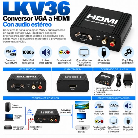 LKV36 – Conversor VGA + Audio Estéreo RCA a HDMI Full HD 1080p