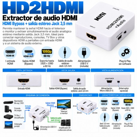 HD2HDMI – Extractor de Audio HDMI a Estéreo Jack 3,5 mm con Bypass HDMI