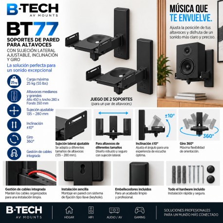 B-Tech BT77 Black Soportes de Pared para Altavoces hasta 25 kg Ajustables 135-280 mm Negro - Pareja