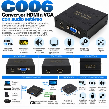 C006 – Conversor HDMI a VGA con Salida de Audio Estéreo Jack 3,5 mm Full HD 1080p
