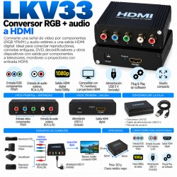 LKV33 – Conversor Vídeo por Componentes YPbPr + Audio Estéreo RCA a HDMI 1080p